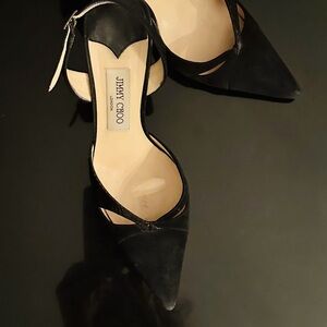 Jimmy Choo made in Italy. Size 37 1/2. Suede & leather with buckle strap -black